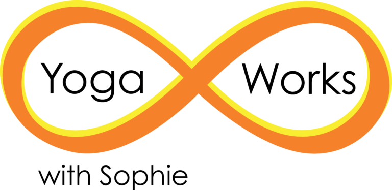 Yoga Works with Sophie set into and orange and yellow Infinity Loop